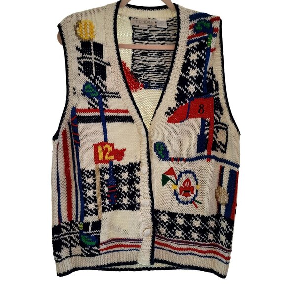 Vintage Deadstock Heirlooms Handknit Golf-Themed Sweater Vest Medium - Picture 1 of 12